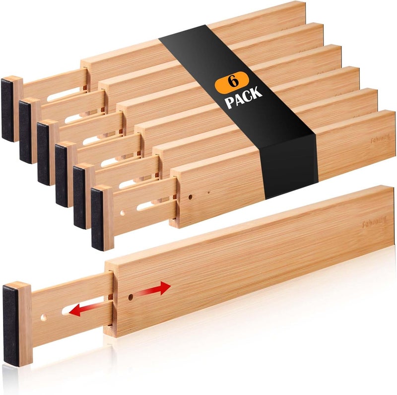 Fabsome Drawer Divider 6 Pack, Bamboo Kitchen Dividers Organizers Adjustable 17''-22'', Wooden Dresser Separators for Nursery Organization Clothes Socks Underwear Baby Clothing, with Soft Foam Ends - Image 1